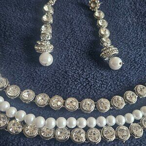 Diamonds and pearl Necklace Set with matching earrings length adjusting string